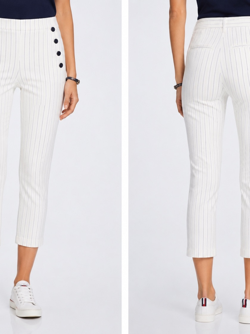 Tommy Hilfiger White Pinstripe Cropped Pants with Navy Buttons